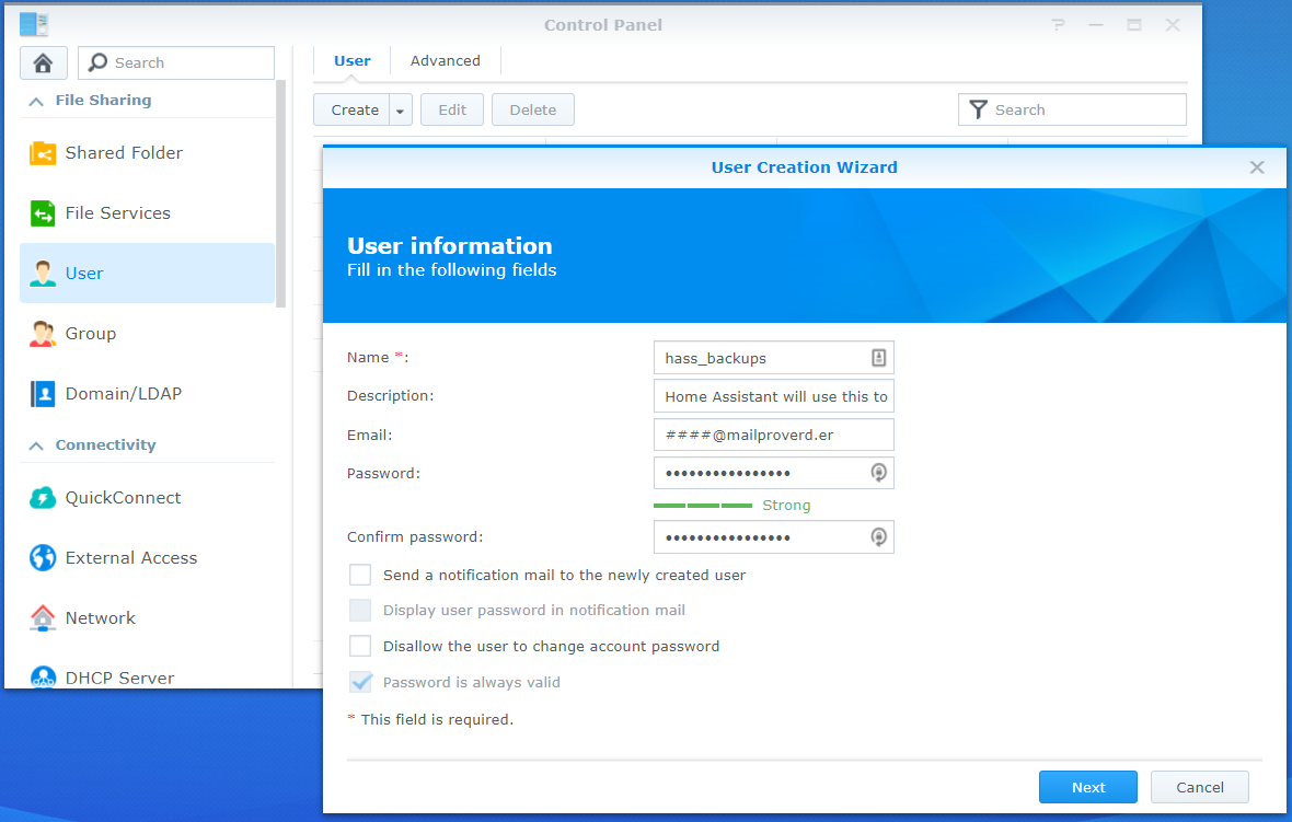 User creation screen from the Synology DSM