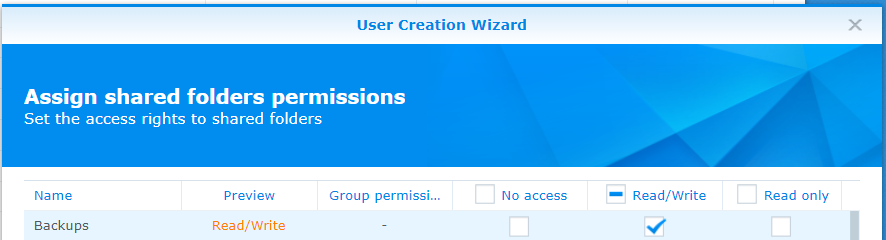 User permissions screen from the Synology DSM